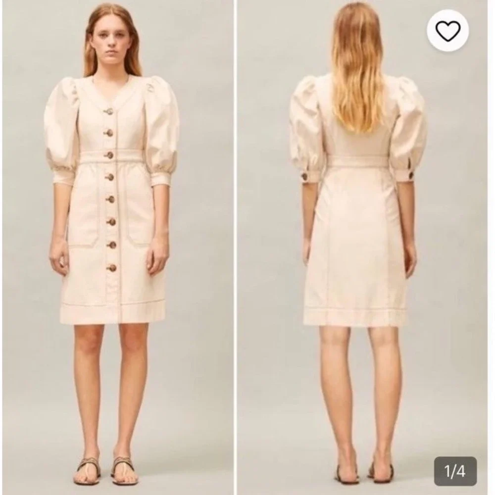 Tory Burch Cotton Puffed Sleeve Denim Dress 14 Beige Shirt Dress Casual Career